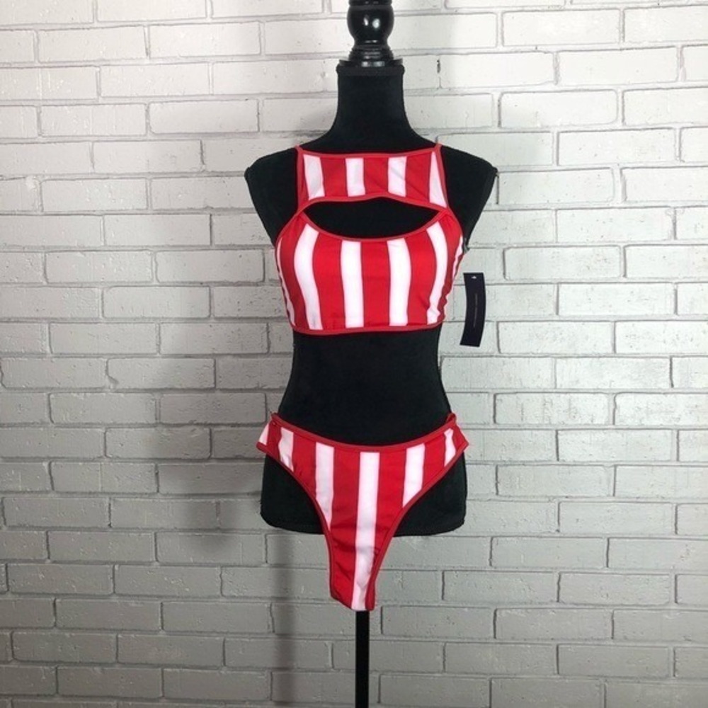 French Connection Red White Striped Cutout Bikini Set Resort Beach NWT Size XL